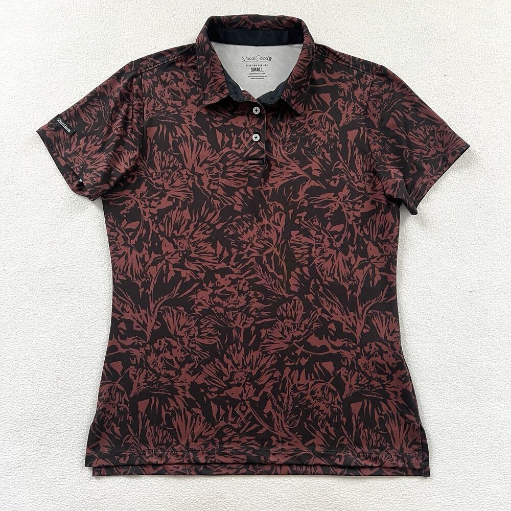 Good Good Golf Women Brown Black Nice Blooms Floral Performance Polo Shirt S
